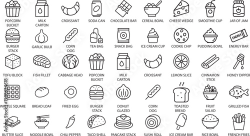 Food Icons Set, Line Style Vector Illustration.