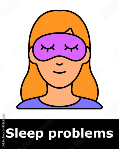 Sleep problems icon. Calm woman wearing purple sleep mask for light blocking and sleep improvement during bedtime.