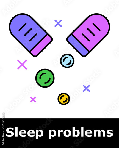 Sleep problems icon. Split capsule with colorful particles symbolizing medication, supplements, or remedies for sleep support.