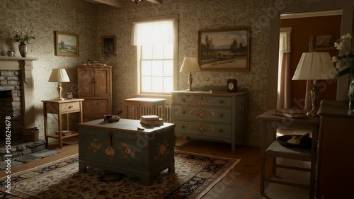 Warm and inviting traditional style living room interior shot with antique furniture and fireplace
