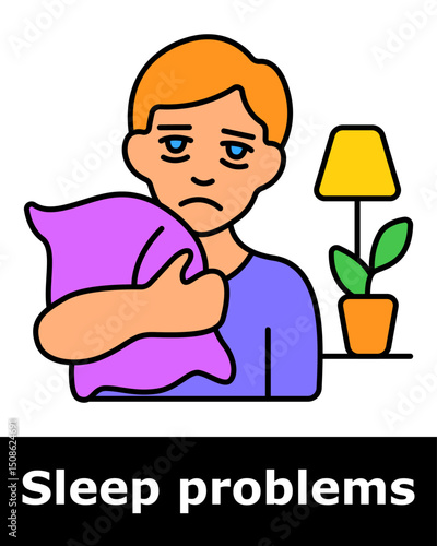 Sleep problems icon. Tired man hugging purple pillow showing sadness, discomfort, and inability to fall asleep.