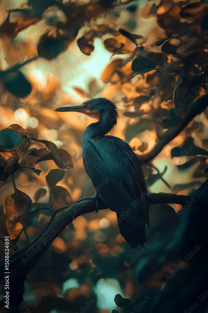 Naklejka premium Little blue heron perching on branch in mangrove forest