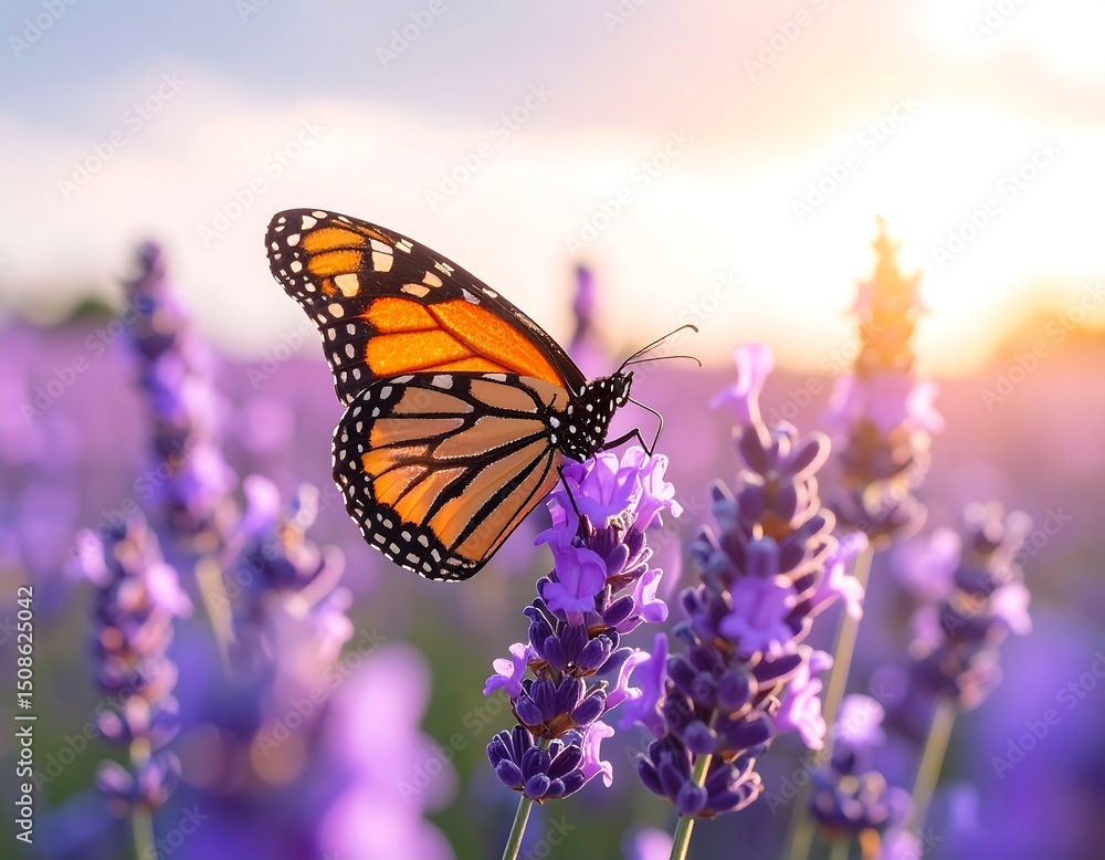 Fototapeta premium Monarch butterfly on lavender at sunset