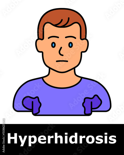 Hyperhidrosis icon. Person with large sweat stains on shirt, showing excessive perspiration and discomfort.