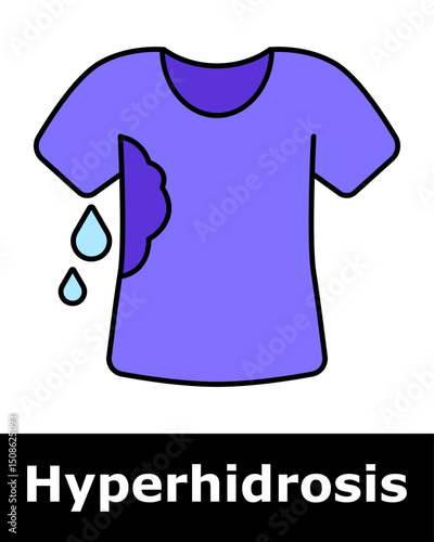 Hyperhidrosis icon. T-shirt with sweat marks and droplets, representing underarm sweating and visible stain problem.