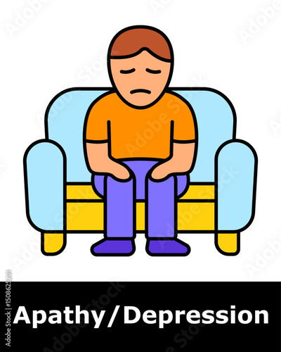 Apathy icon. Person with closed eyes sitting on sofa, symbolizing lack of energy, emotional flatness, and disconnection.