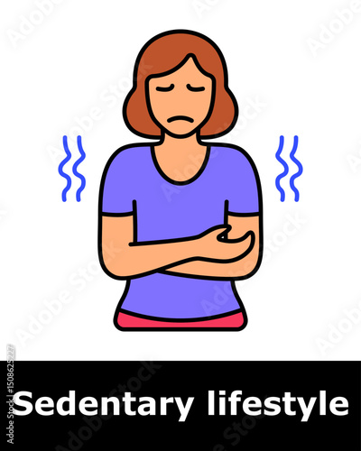Sedentary lifestyle icon. Woman with tired face and arm pain, symbolizing physical discomfort from prolonged inactivity.