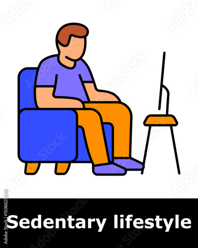Sedentary lifestyle icon. Man sitting on couch watching TV, representing lack of activity, screen time, and physical passivity.
