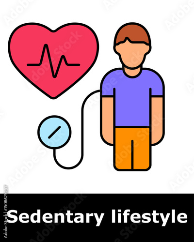 Sedentary icon. Person with heart and pressure monitor indicating circulatory strain and cardiovascular vulnerability.