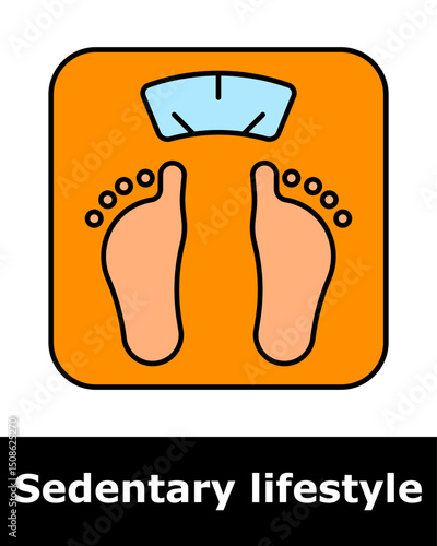 Sedentary icon. Feet on weight scale, representing obesity, body mass concerns, and physical inactivity.