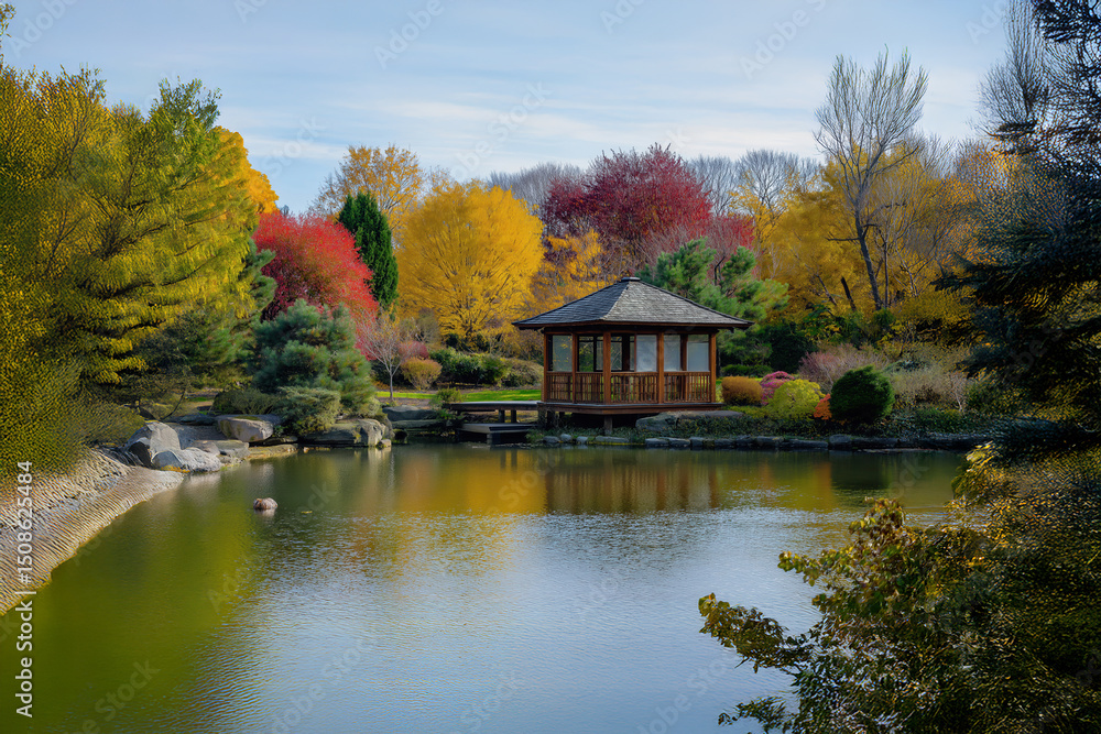 Fototapeta premium Wooden gazebo reflecting on calm lake during autumn foliage peak