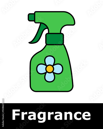 Spray bottle with flower symbol, indicating air freshener, room fragrance, household aroma product, floral scent, home care.