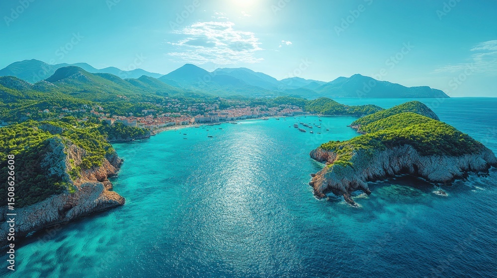 Fototapeta premium Coastal town nestled in a turquoise bay, mountains rise behind
