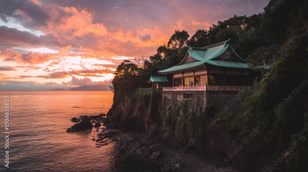 Obraz premium Tranquil Coastal Temple at Sunset with Vibrant Sky Colors