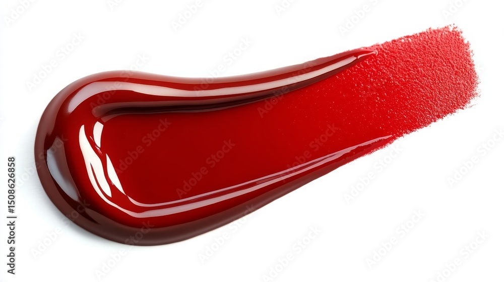Cosmetic Swatch, Vibrant Red Lip Gloss, Creamy Paint Texture Against White , Cosmetic Background. Cosmetic Swatch, Vibrant Red Lip Gloss, Creamy Paint Texture Against White , Cosmetic Background.