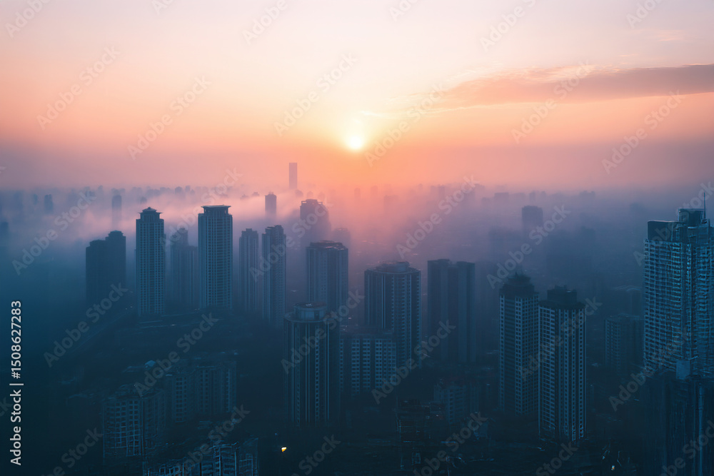 Fototapeta premium Fog is engulfing the skyscrapers of a modern metropolis at sunrise