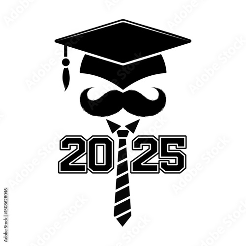 Graduation 2025 Mustache Cap Tie Icon Graphic Design