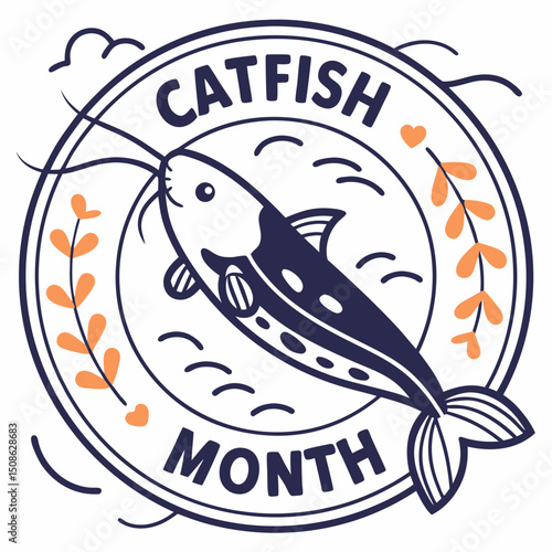 Vector art celebrate catfish month with this adorable cartoon drawing of a fish in a circular badge design element