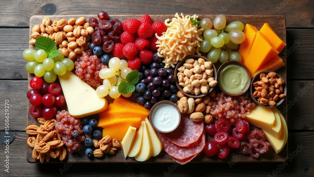 A stunning overhead flat lay of a charcuterie board featuring cheeses, fruits, meats, & nuts on wood. Focus on texture & color., ultra detailed, 8k resolution, HDR, professional A stunning overhead flat lay of a charcuterie board featuring cheeses, fruits, meats, & nuts on wood. Focus on texture & color., ultra detailed, 8k resolution, HDR, professional