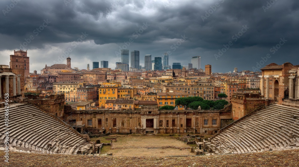 Fototapeta premium Dramatic Skyline View of Ancient Ruins and Modern Architecture