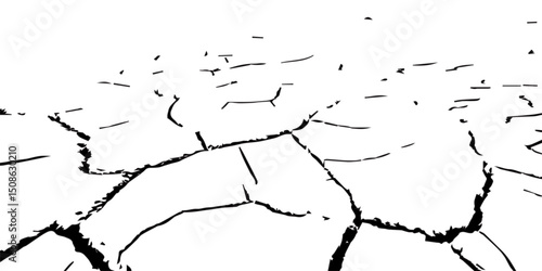"A high-contrast black and white illustration showing large, cracked segments of dry earth or rock plates, resembling a stylized depiction of tectonic plate boundaries or a parched desert floor."