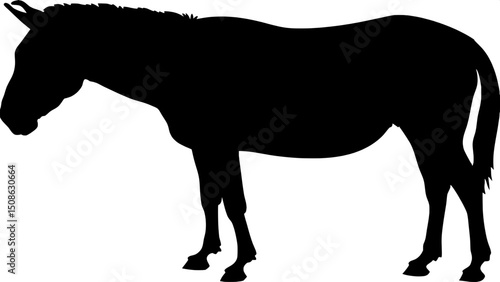 "A black silhouette of a horse in the same style as a classic donkey silhouette — full view, solid black shape with clear musculature, facing left with head turned slightly toward the viewer, centered