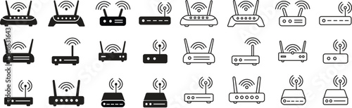 WIFI router icons set in flat and line. wireless routers and internet connectivity devices with antennas and signals. Modem collection