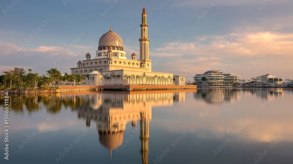 Obraz premium Serene Sunset Reflection of a Majestic Mosque by Calm Waters