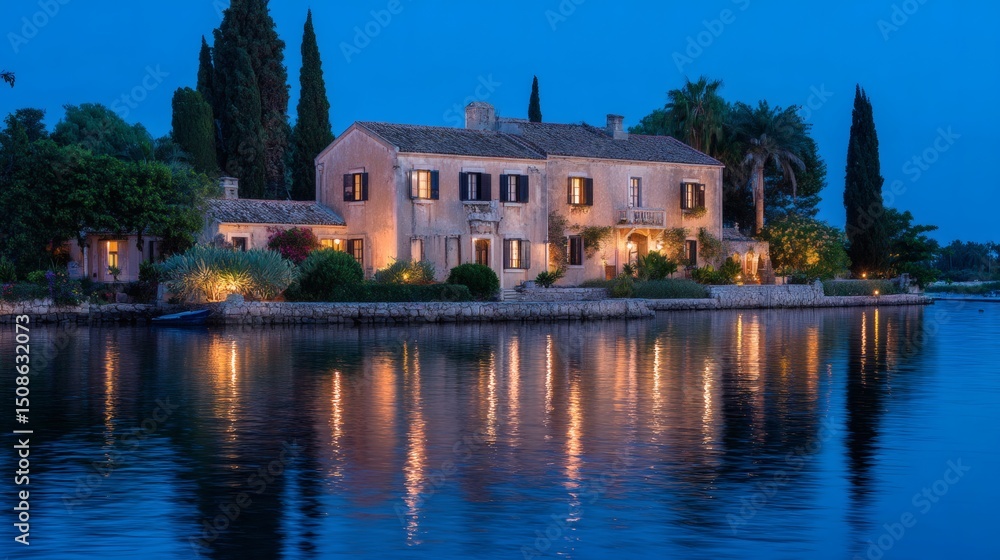 Serene Waterfront Villa Surrounded by Lush Greenery at Dusk Serene Waterfront Villa Surrounded by Lush Greenery at Dusk