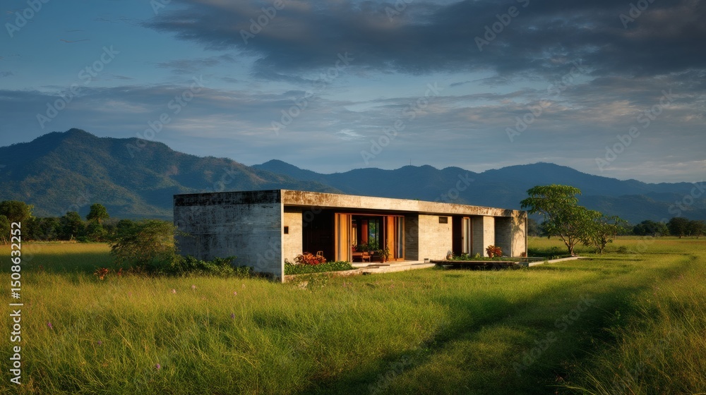 Obraz premium Modern Concrete Home Surrounded by Lush Green Landscape and Mountains