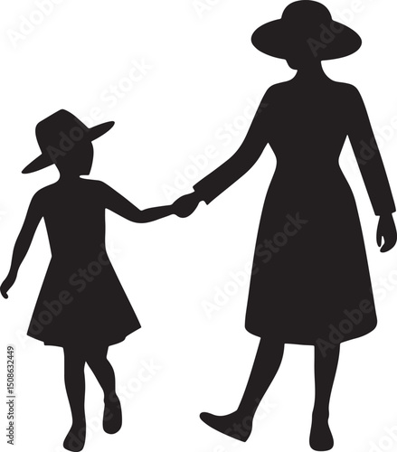 Mother-daughter connection: A silhouette shows a mother holding her child's hand, embodying the tender bond of motherhood. Their forms cast a striking contrast against the backdrop.