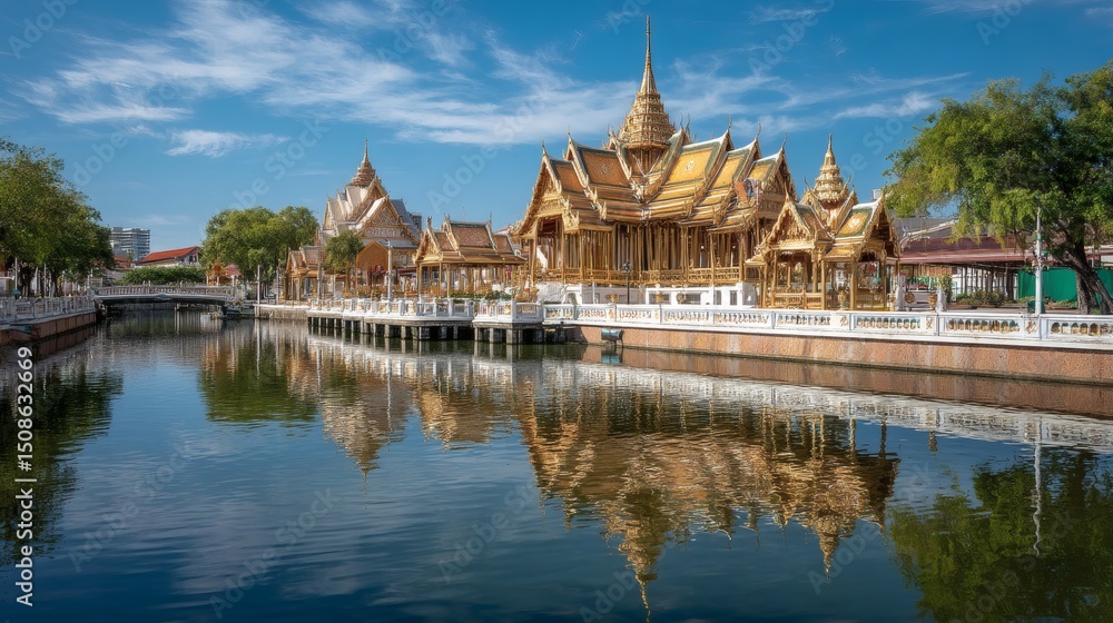 Naklejka premium Golden Thai Pavilion Reflected in Calm Water under Blue Sky
