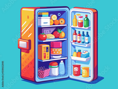 A high-quality vector illustration of an open fridge showing colorful items inside, placed on solid background