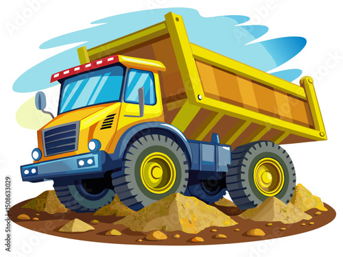 A detailed vector of a dump truck with a raised rear bed and dirt spilling out, isolated on white background