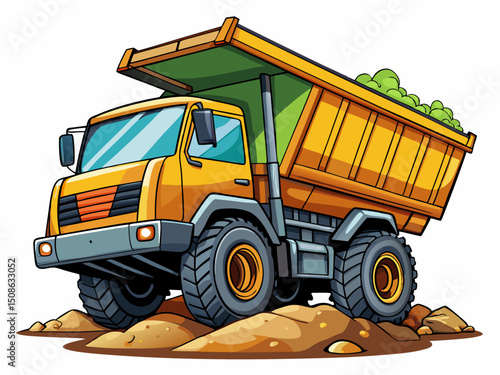 A detailed vector of a dump truck with a raised rear bed and dirt spilling out, isolated on white background