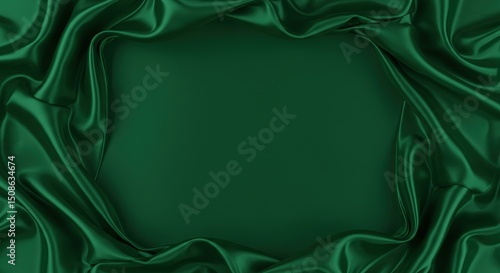 Elegant green silk fabric with smooth, shiny texture, creating a luxurious and abstract background with wavy drapes and ample copy space
