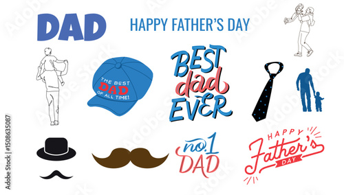 Father's Day Clipart Bundle – Best Dad Ever, Tie, Hat, Mustache, Silhouette, Lettering Set