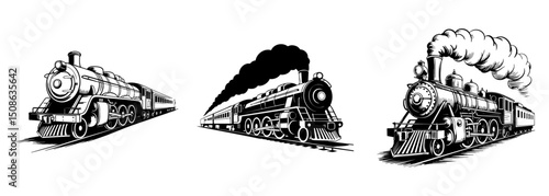 set of steam train locomotive engine vector illustrations, railway transportation and vintage travel
