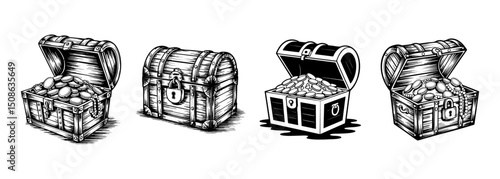 set of treasure chest wooden box with gold coins vector illustrations, pirate adventure and wealth
