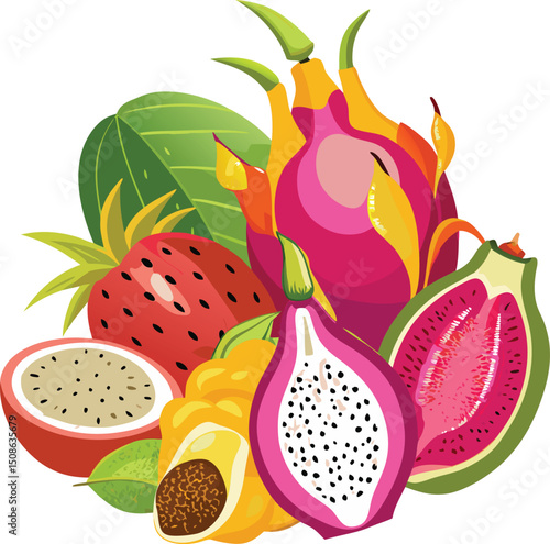 Exotic Fruits Vector Illustration Dragon Fruit Papaya Lychee.