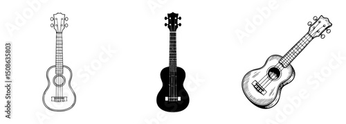 set of ukulele small guitar vector illustrations, music and string instrument

