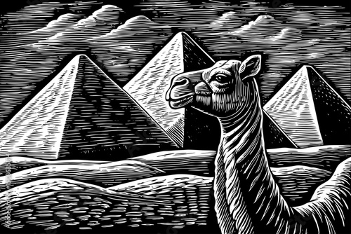 Ancient egyptian pyramid of Giza and camel black and white isolated hand drawn sketch vector
