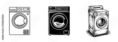 set of washing machine laundry appliance vector illustrations, household chores and cleaning
