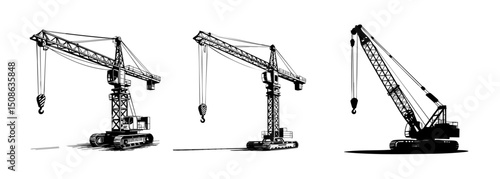 set of construction crane heavy machinery vector illustrations, building and lifting
