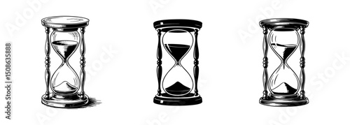 set of hourglass sand timer vector illustrations, time measurement and countdown
