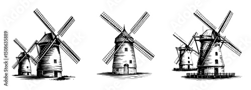 set of windmill traditional mill vector illustrations, agriculture and renewable energy