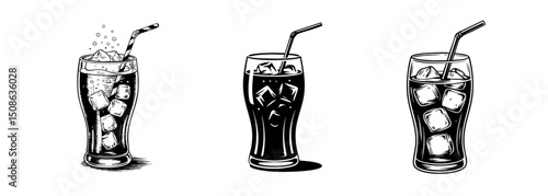 set of soda drink , cola in glass with ice and straw vector illustrations, refreshment and beverage
