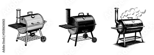 set of bbq grill , barbecue smoker equipment vector illustration, outdoor cooking and grilling
