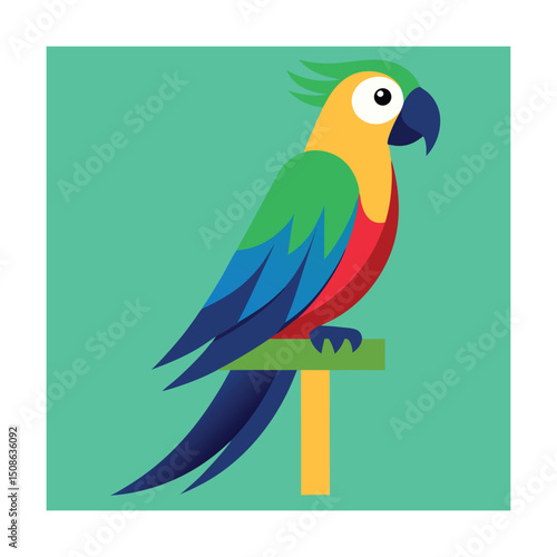 Colorful flat design illustration of a tropical parrot perched on a wooden branch