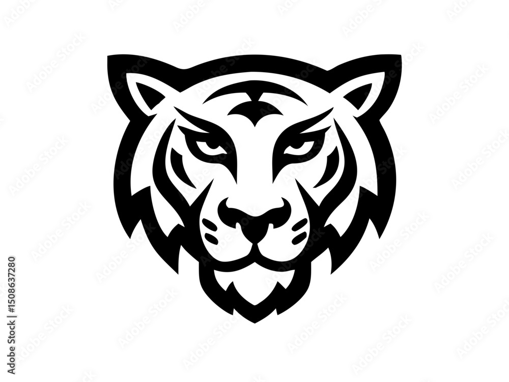 Fototapeta premium Black and others tiger head logo against white background . Simple, bold graphic of a tiger's head in orange outline against a white background.